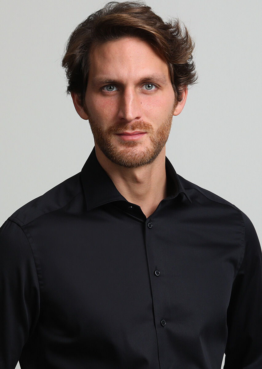 Black Plain Regular Fit Weaving Classical 100% Cotton Shirt - 2