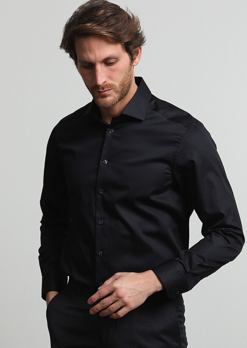 Black Plain Regular Fit Weaving Classical 100% Cotton Shirt - 2