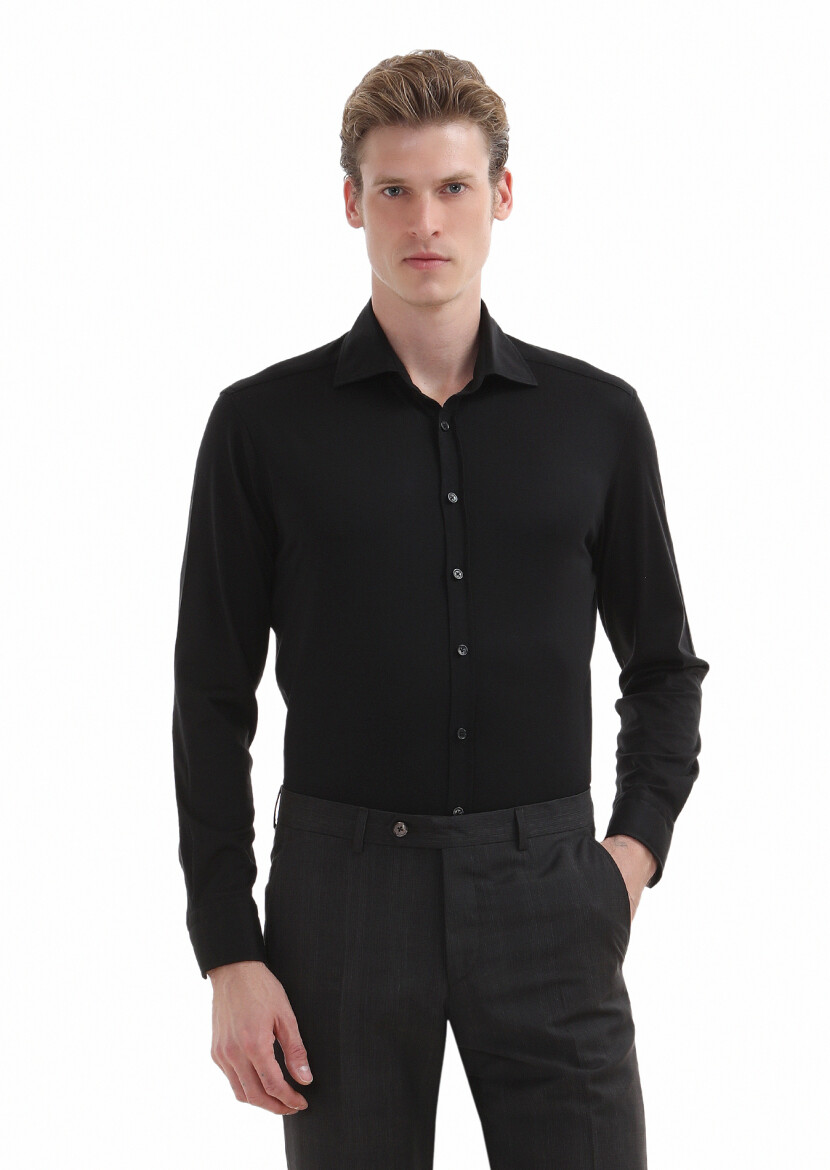 Black Plain Regular Fit Weaving Classical 100% Cotton Shirt - 2