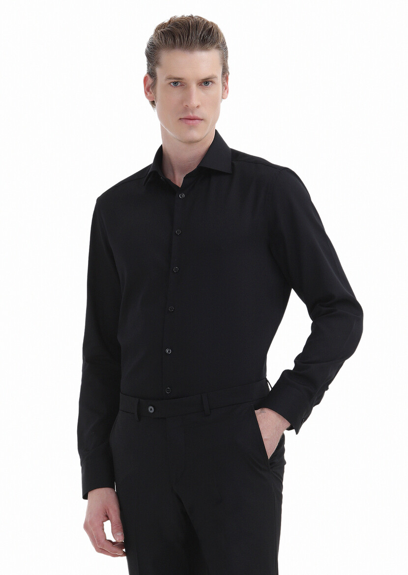 Black Plain Regular Fit Weaving Classical 100% Cotton Shirt - 1