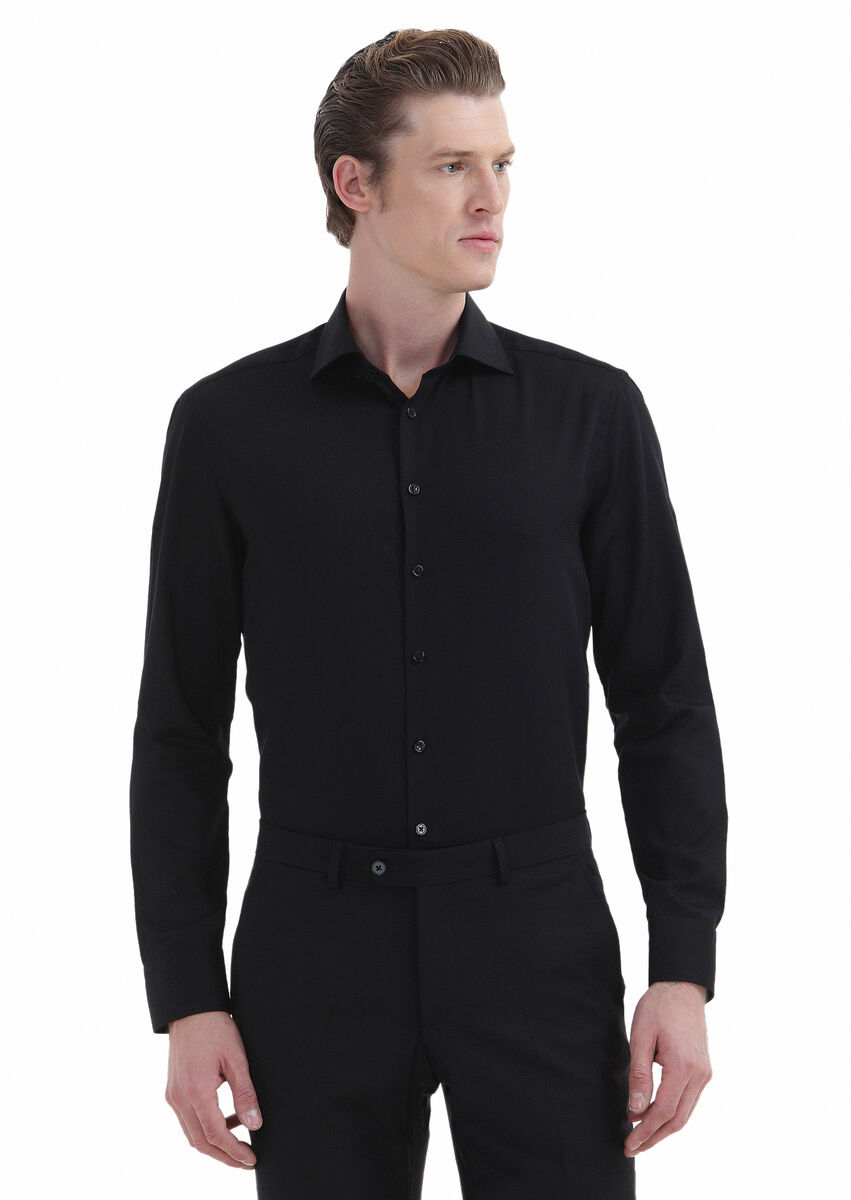 Black Plain Regular Fit Weaving Classical 100% Cotton Shirt - 3