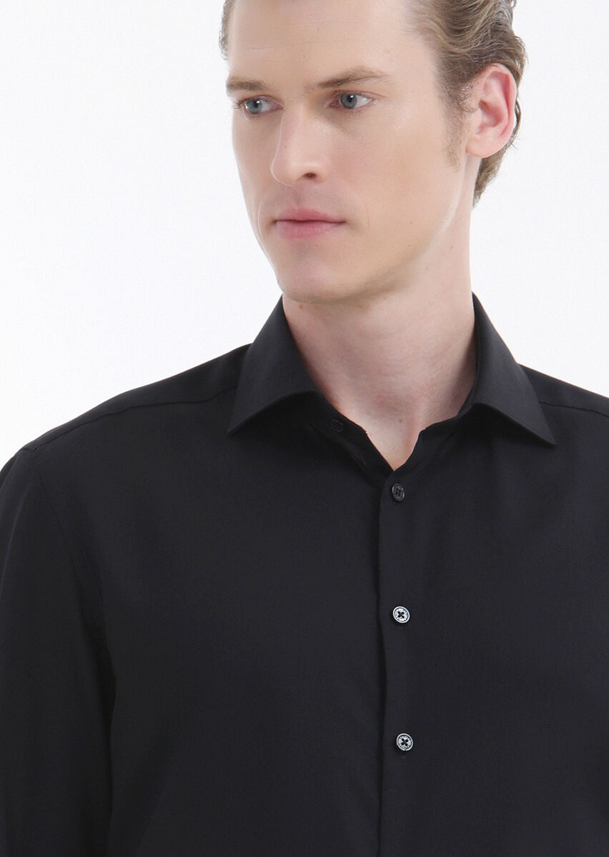 Black Plain Regular Fit Weaving Classical 100% Cotton Shirt - 4