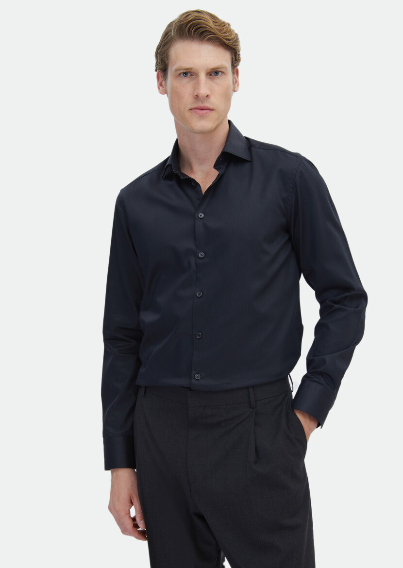 Black Plain Regular Fit Weaving Classical 100% Cotton Shirt - 1