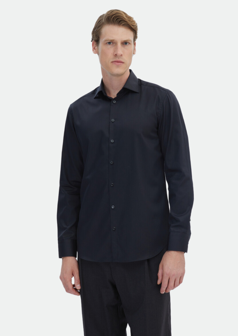 Black Plain Regular Fit Weaving Classical 100% Cotton Shirt - 2