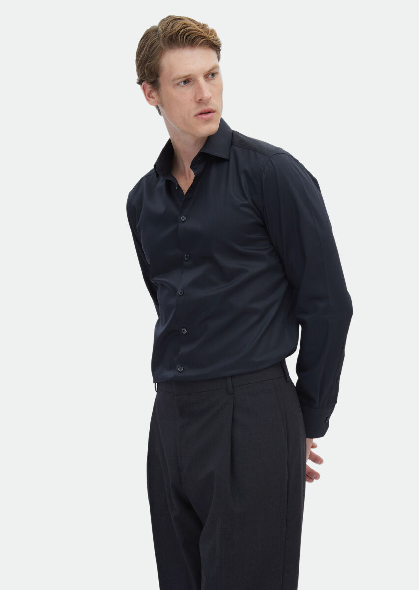 Black Plain Regular Fit Weaving Classical 100% Cotton Shirt - 3