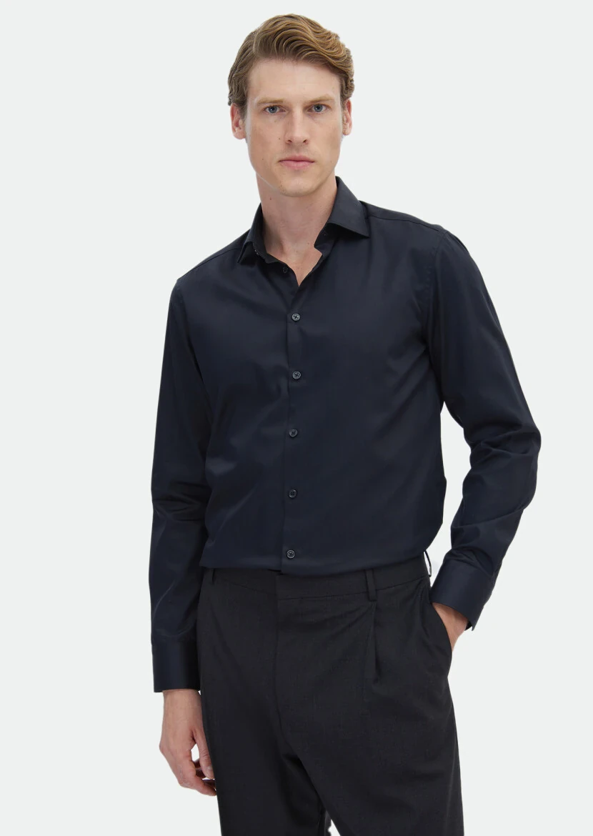 Black Plain Regular Fit Weaving Classical 100% Cotton Shirt - RAMSEY