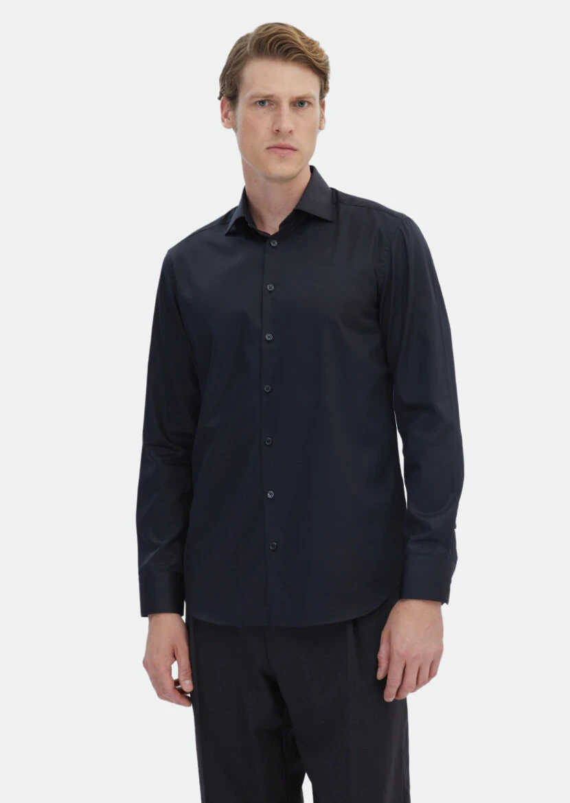 Black Plain Regular Fit Weaving Classical 100% Cotton Shirt - RAMSEY