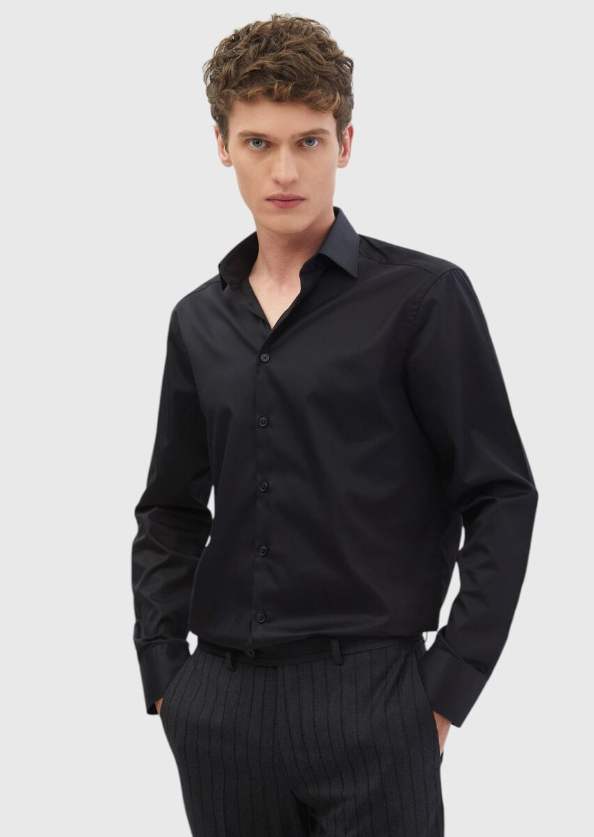 Black Plain Regular Fit Weaving Classical 100% Cotton Shirt - 1