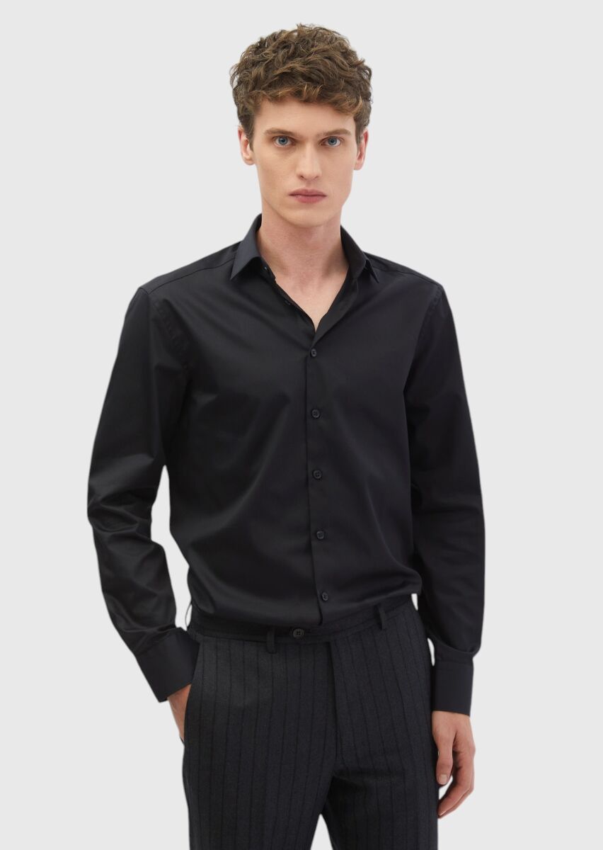 Black Plain Regular Fit Weaving Classical 100% Cotton Shirt - 3