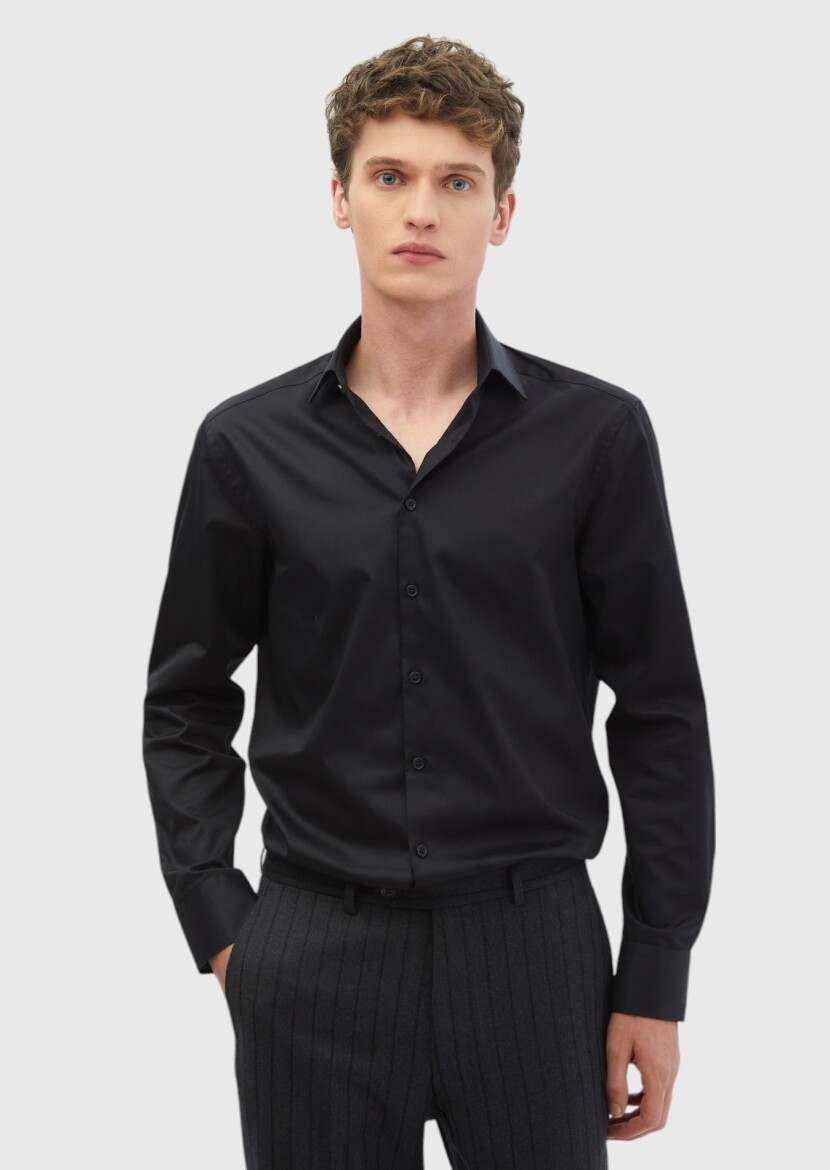 Black Plain Regular Fit Weaving Classical 100% Cotton Shirt - 4