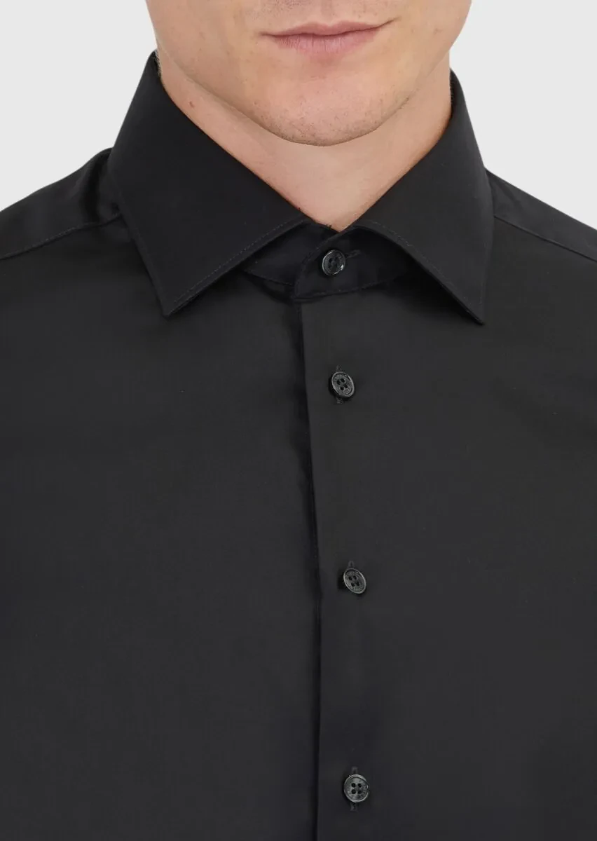 Black Plain Regular Fit Weaving Classical 100% Cotton Shirt - 3