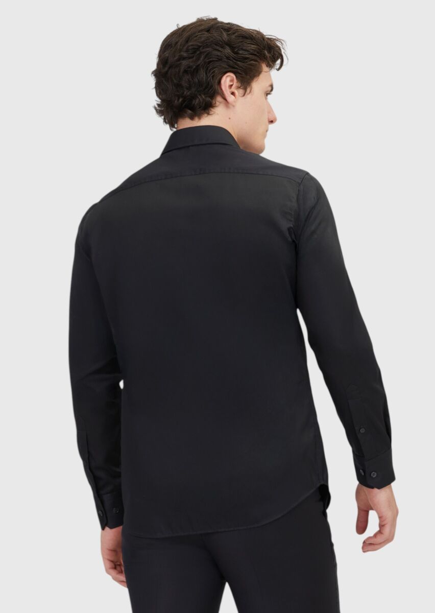 Black Plain Regular Fit Weaving Classical 100% Cotton Shirt - 5