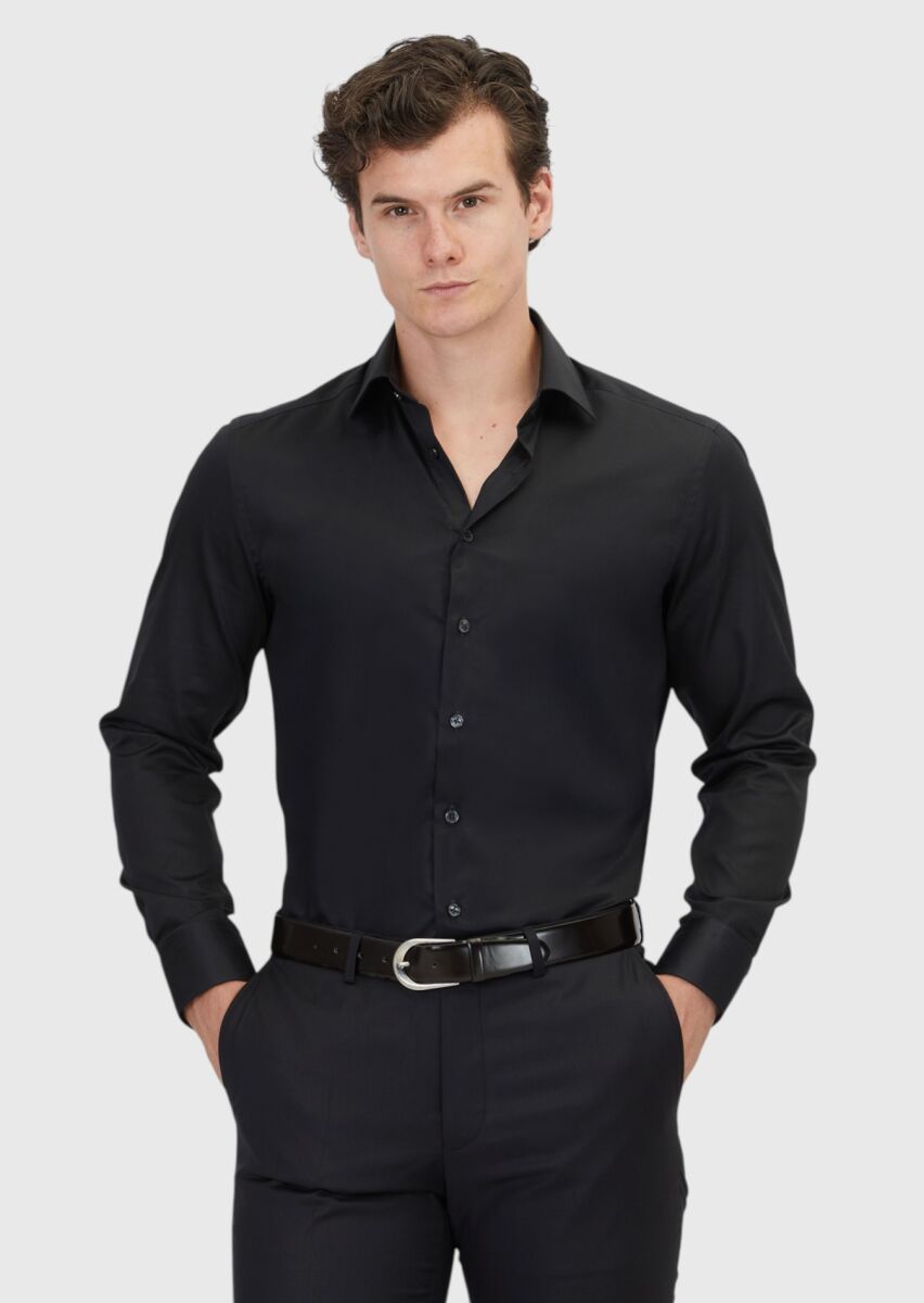 Black Plain Regular Fit Weaving Classical 100% Cotton Shirt - 1