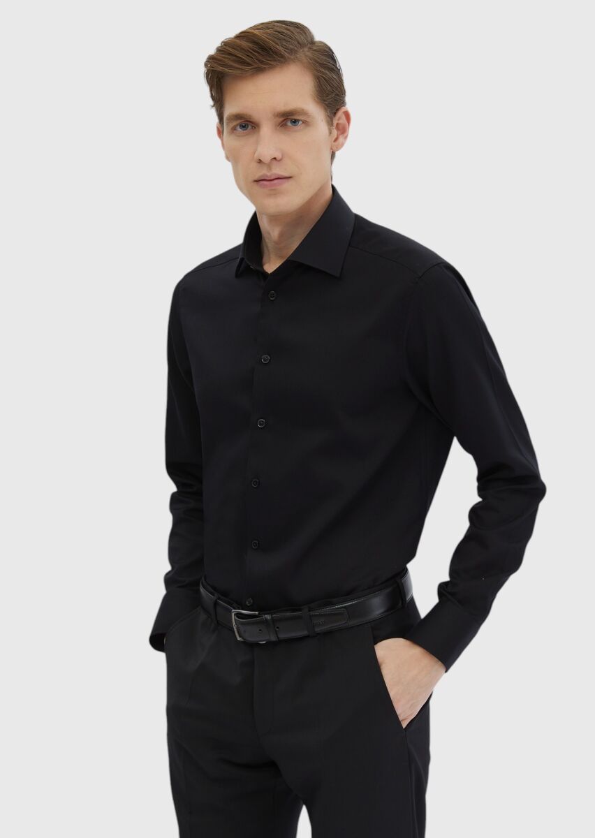 Black Plain Regular Fit Weaving Classical 100% Cotton Shirt - 1