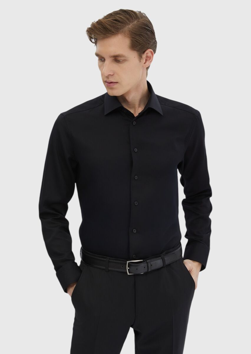 Black Plain Regular Fit Weaving Classical 100% Cotton Shirt - 3