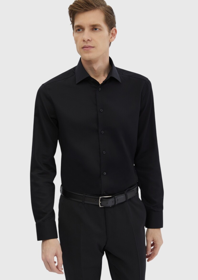 Black Plain Regular Fit Weaving Classical 100% Cotton Shirt - 4