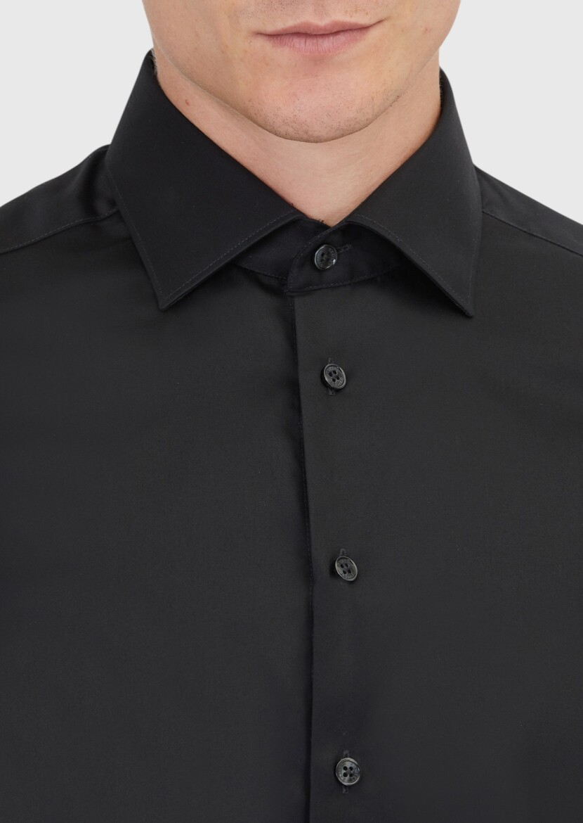 Black Plain Regular Fit Weaving Classical 100% Cotton Shirt - 3