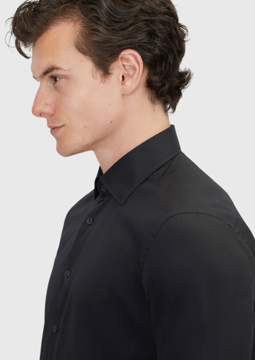 Black Plain Regular Fit Weaving Classical 100% Cotton Shirt - 4