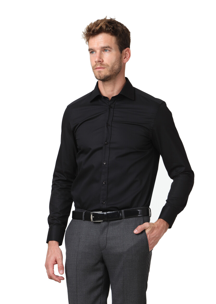 Black Plain Regular Fit Weaving Classical Cotton Blended Shirt 