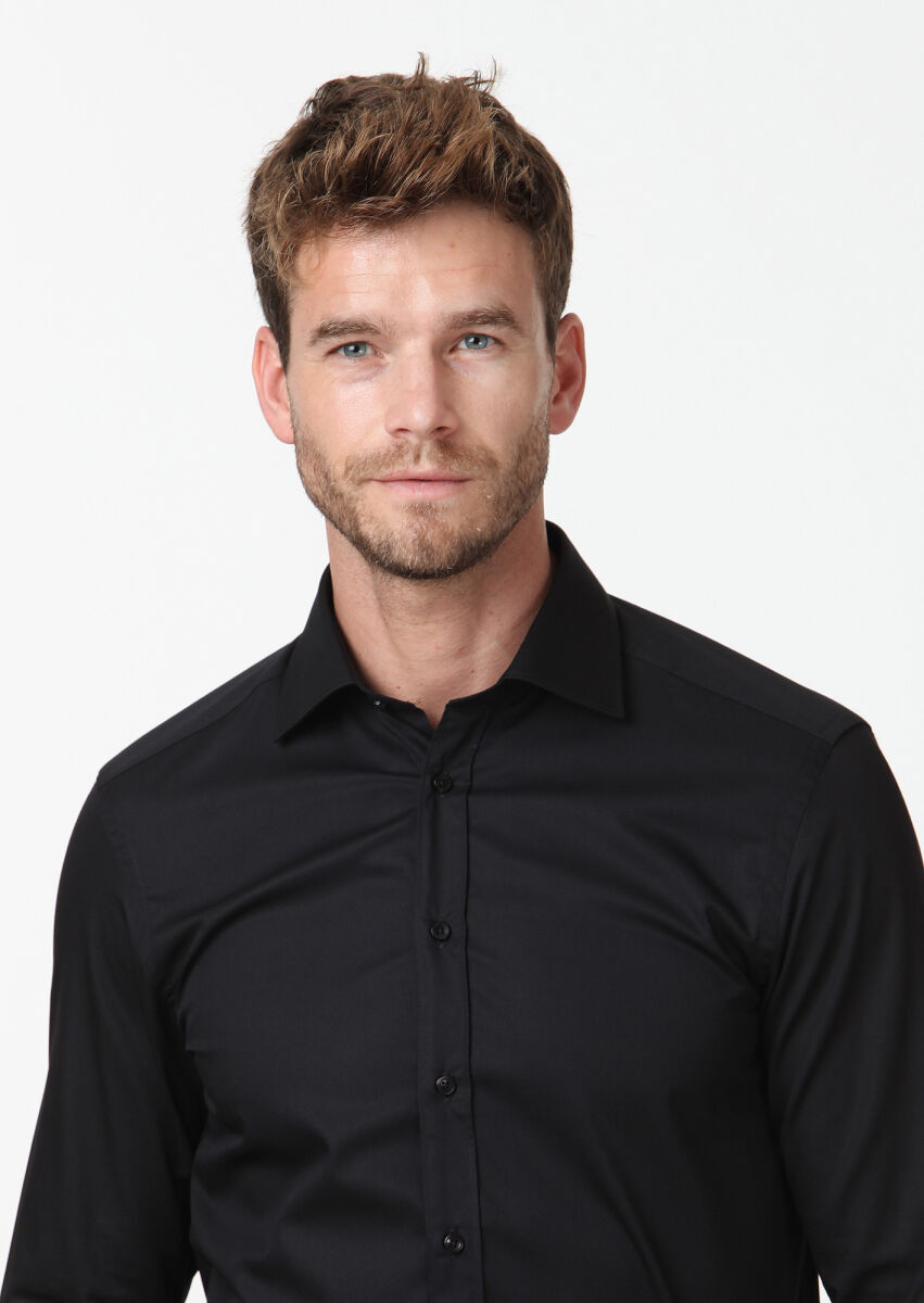 Black Plain Regular Fit Weaving Classical Cotton Blended Shirt - 3