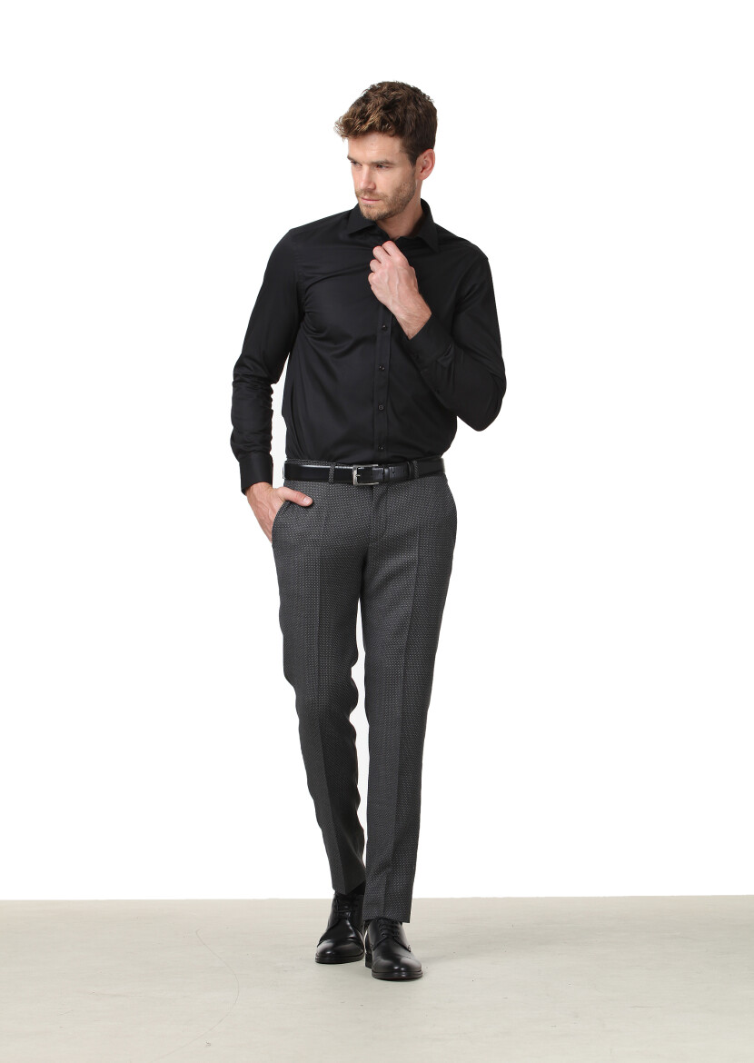 Black Plain Regular Fit Weaving Classical Cotton Blended Shirt 