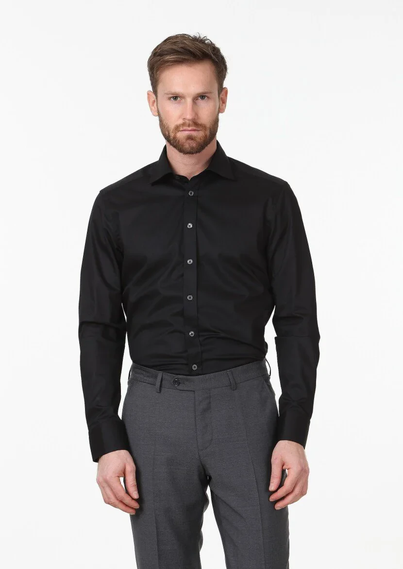 Black Plain Regular Fit Weaving Classical Cotton Blended Shirt - 2