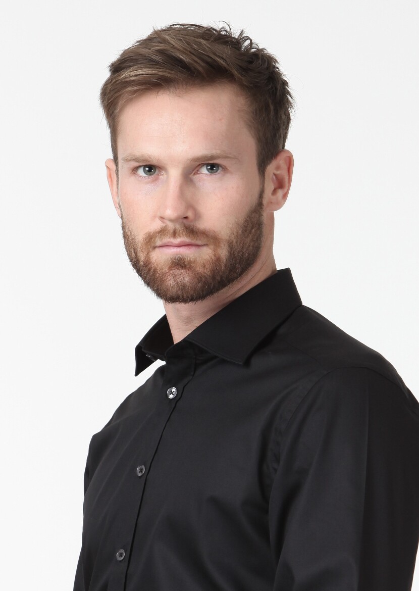 Black Plain Regular Fit Weaving Classical Cotton Blended Shirt - 1