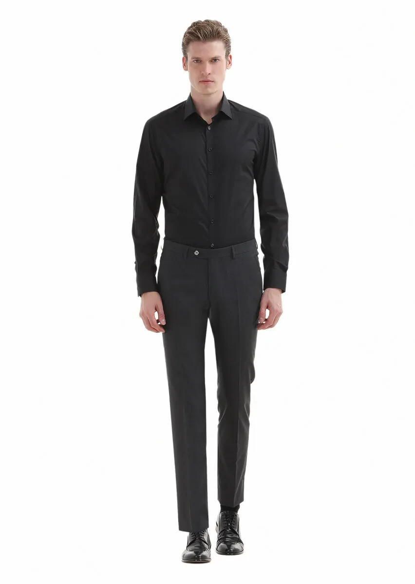 Black Plain Regular Fit Weaving Classical Cotton Blended Shirt - 1