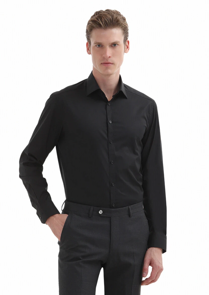 Black Plain Regular Fit Weaving Classical Cotton Blended Shirt - 2