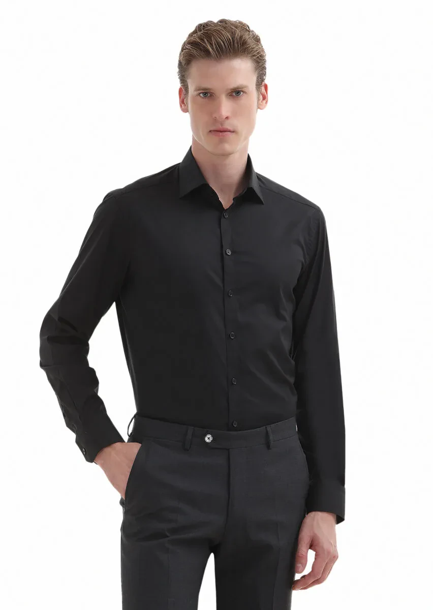 Black Plain Regular Fit Weaving Classical Cotton Blended Shirt - 2