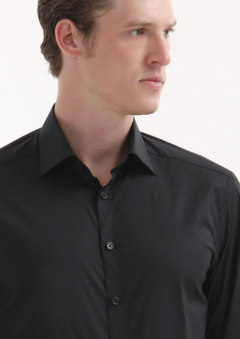Black Plain Regular Fit Weaving Classical Cotton Blended Shirt - 3