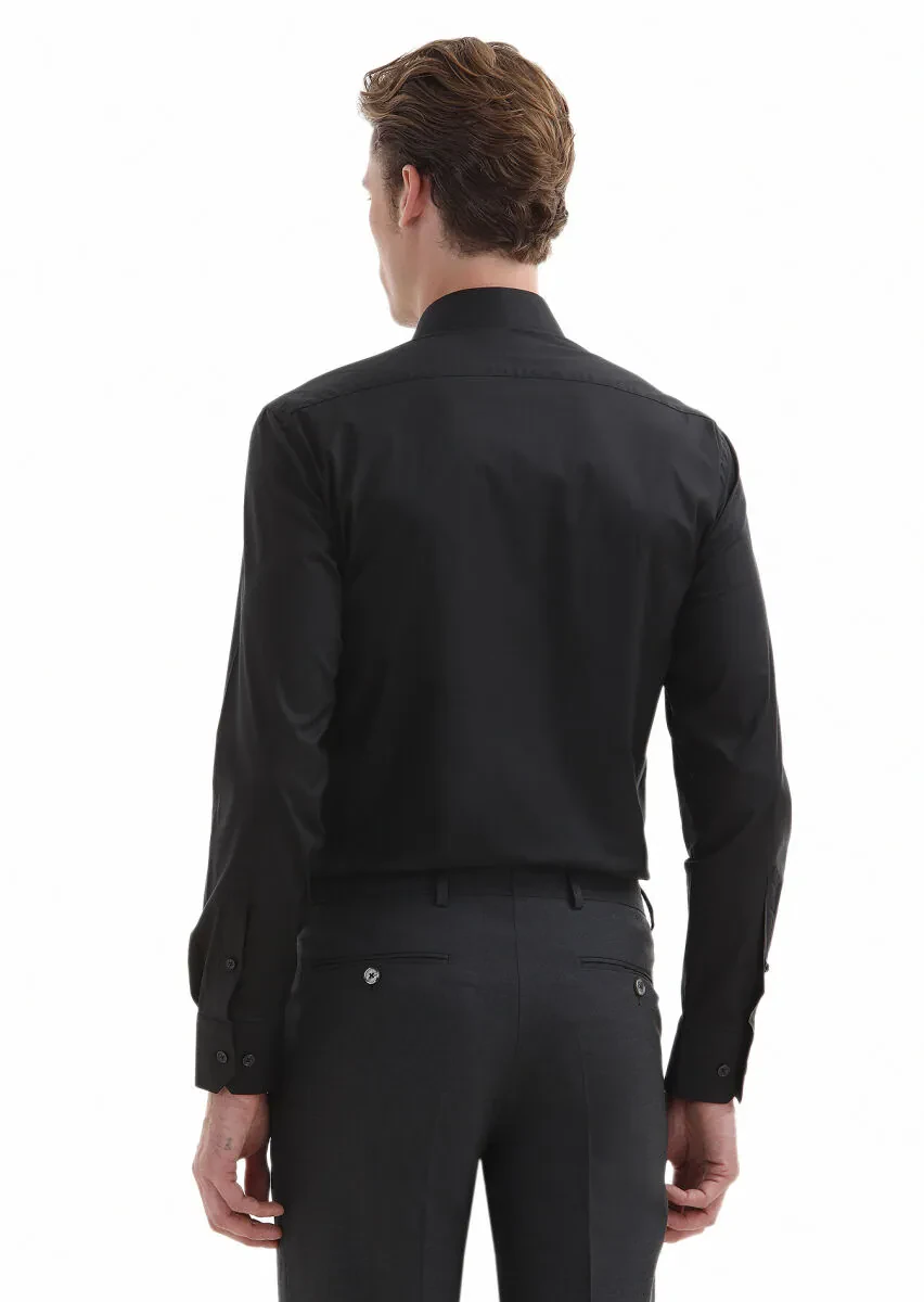Black Plain Regular Fit Weaving Classical Cotton Blended Shirt - 4