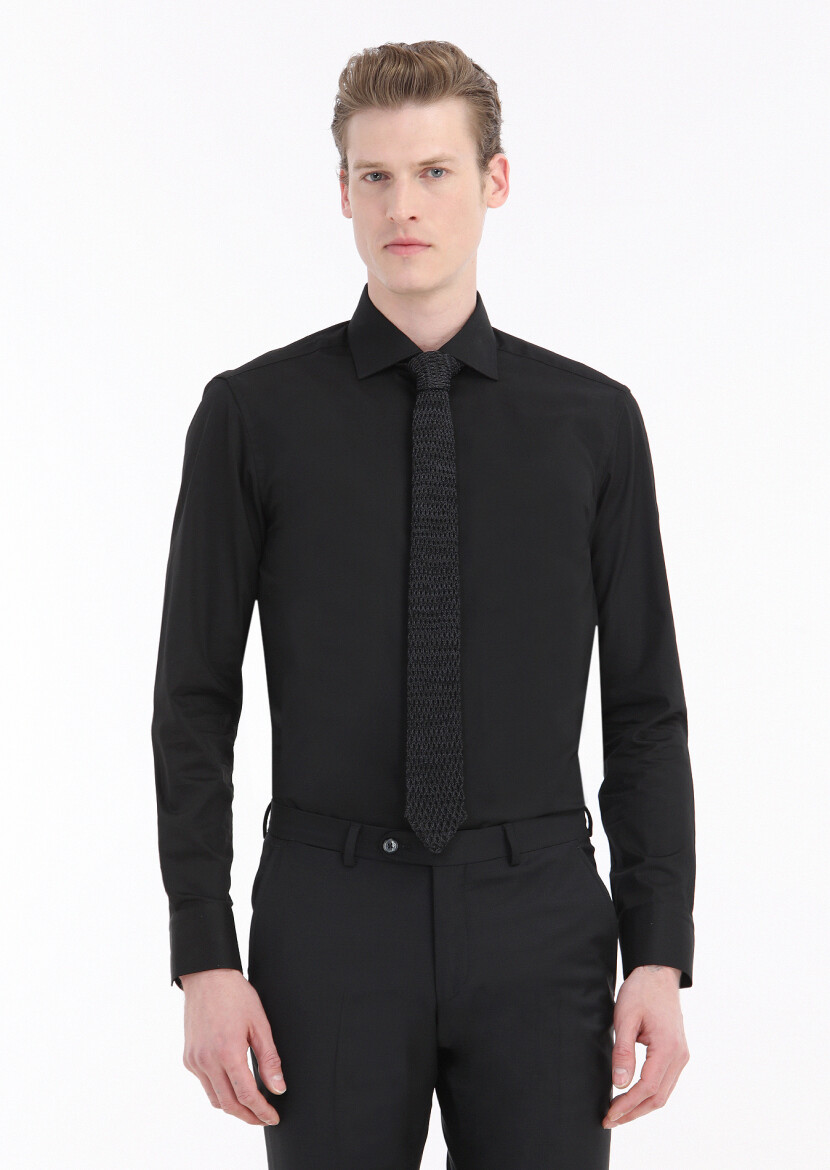 Black Plain Regular Fit Weaving Classical Cotton Blended Shirt - RAMSEY