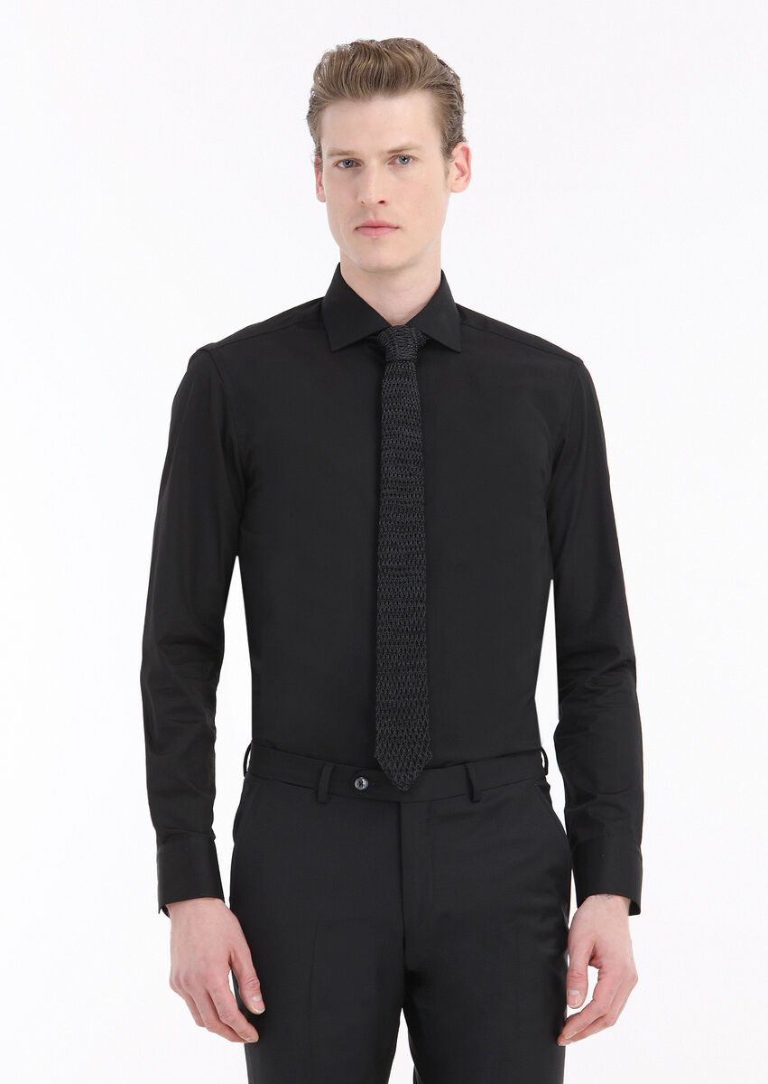 Black Plain Regular Fit Weaving Classical Cotton Blended Shirt - 2