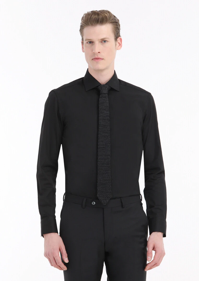 Black Plain Regular Fit Weaving Classical Cotton Blended Shirt - RAMSEY