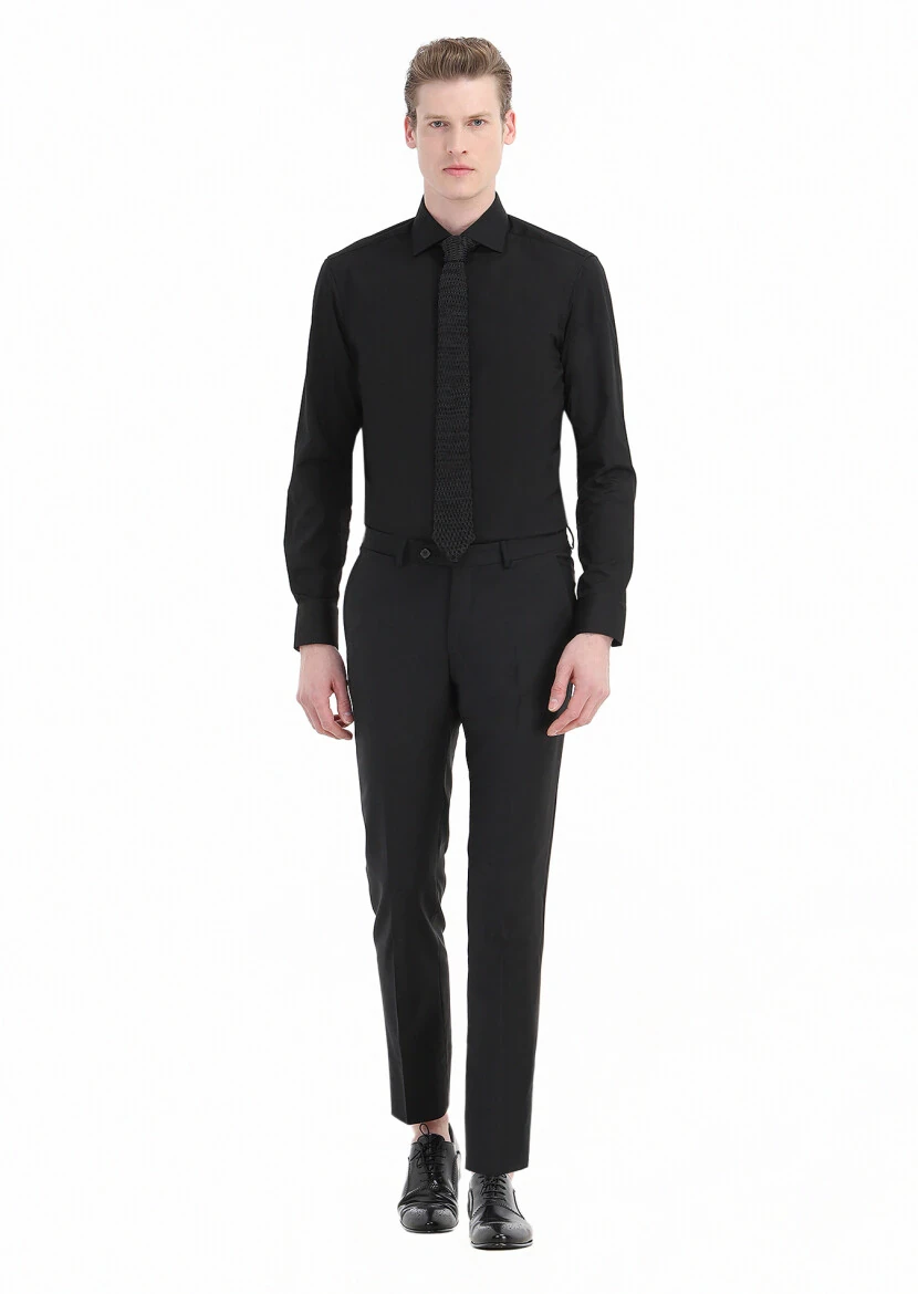 Black Plain Regular Fit Weaving Classical Cotton Blended Shirt - RAMSEY