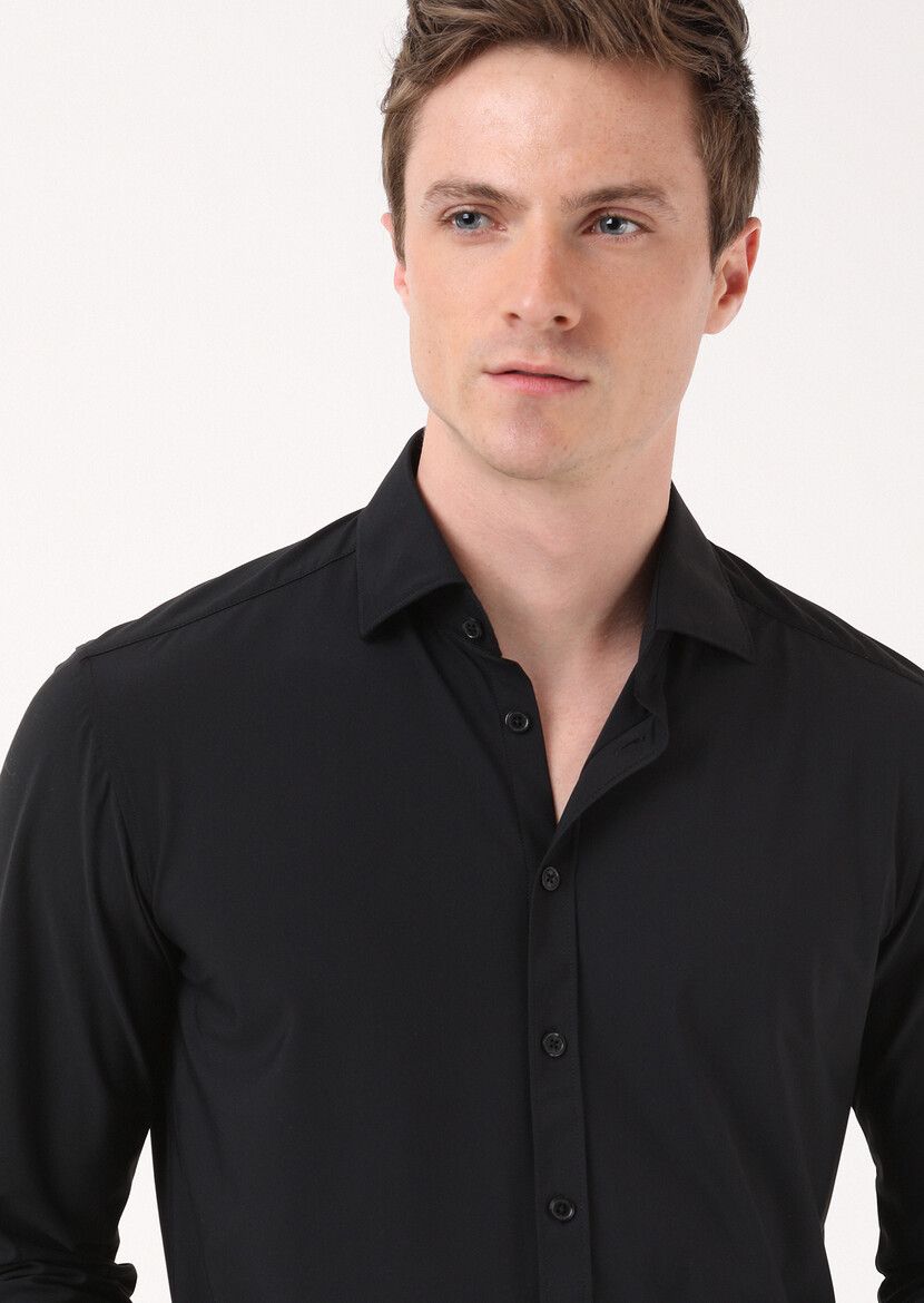 Black Plain Regular Fit Weaving Classical Shirt - 2