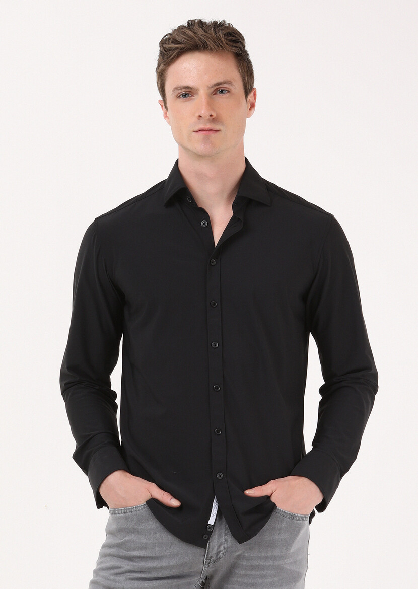 Black Plain Regular Fit Weaving Classical Shirt - 3