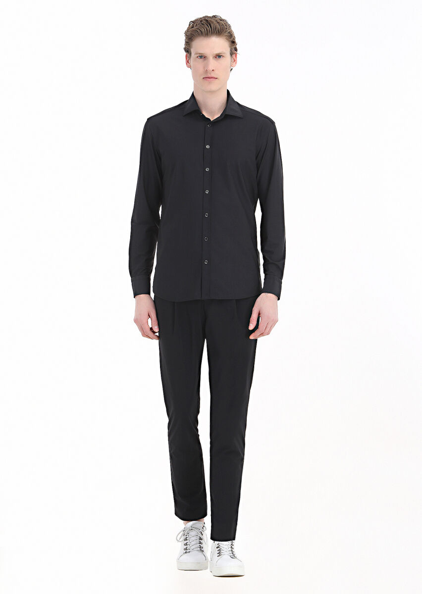 Black Plain Regular Fit Weaving Classical Shirt - 1