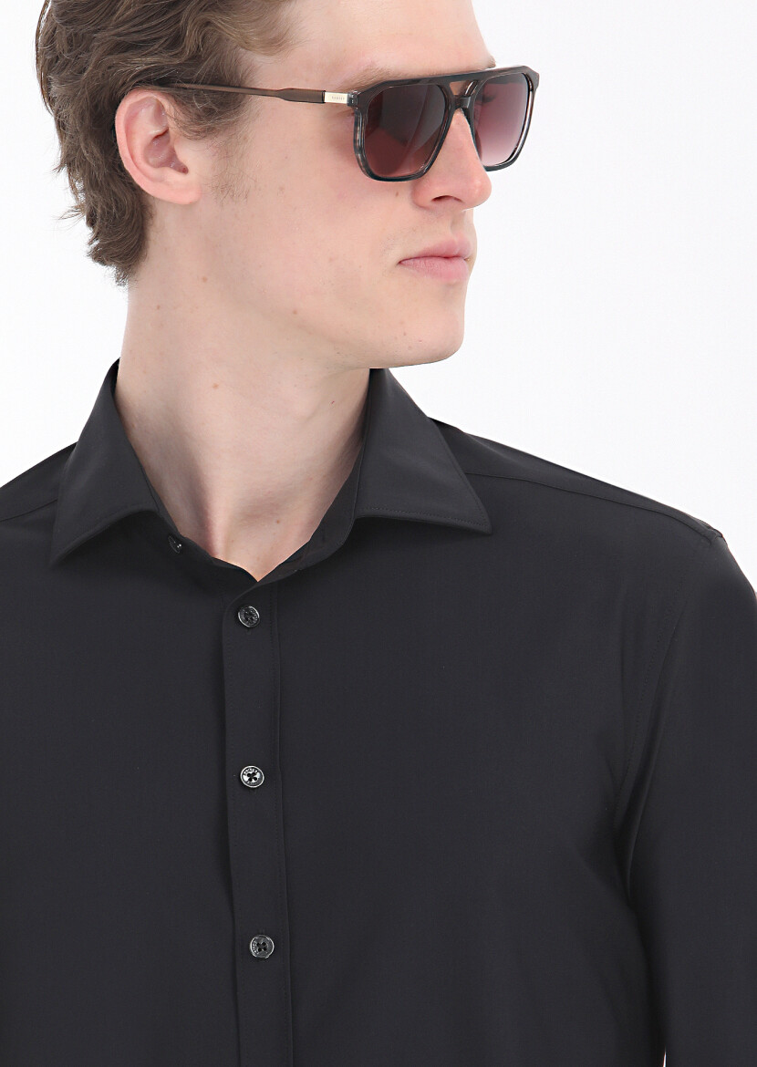 Black Plain Regular Fit Weaving Classical Shirt - 3