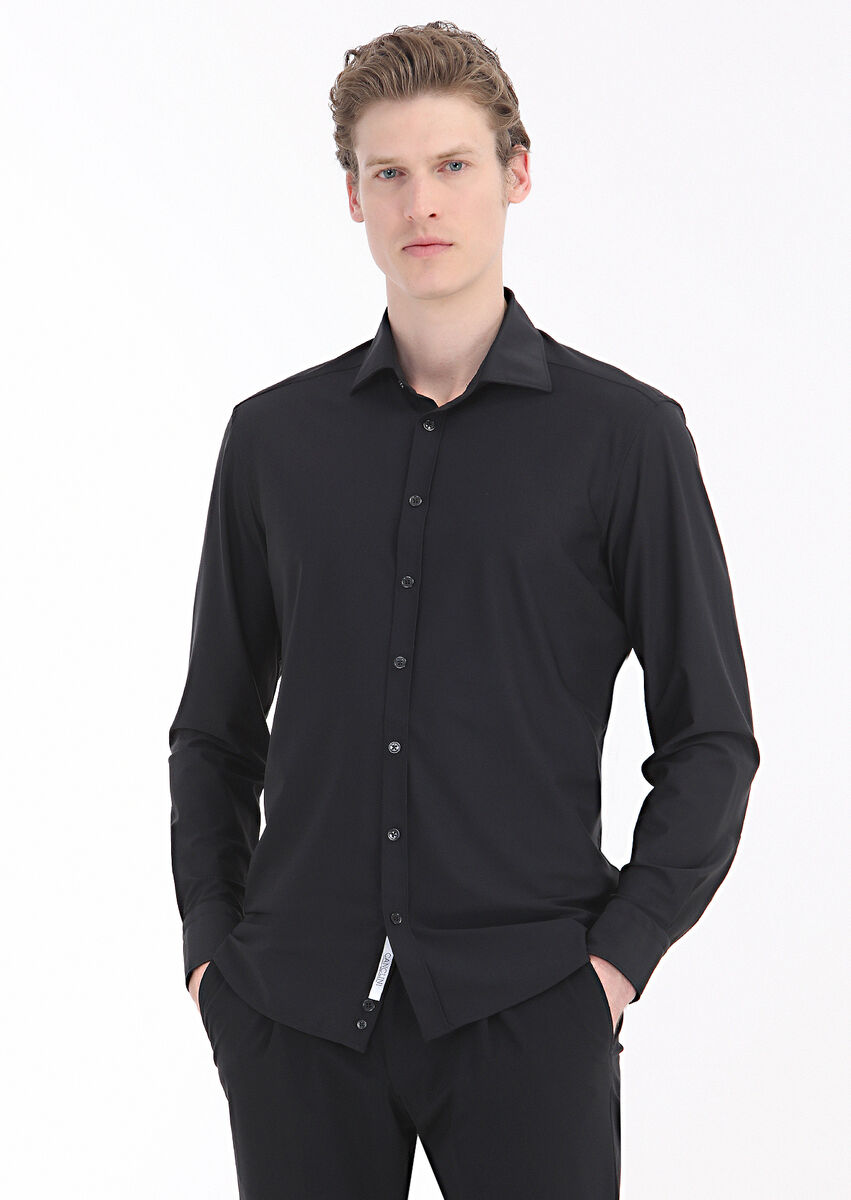 Black Plain Regular Fit Weaving Classical Shirt - 2