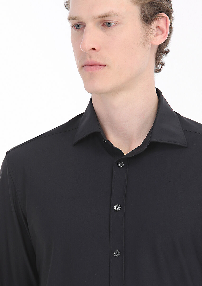 Black Plain Regular Fit Weaving Classical Shirt - 4