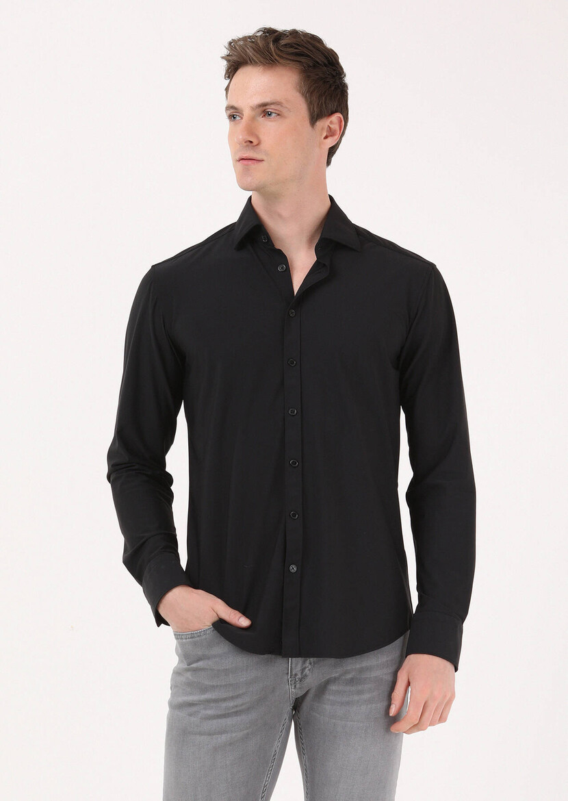 Black Plain Regular Fit Weaving Classical Shirt 