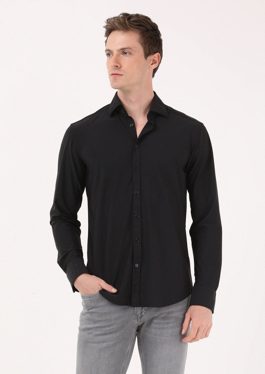 Black Plain Regular Fit Weaving Classical Shirt - 1