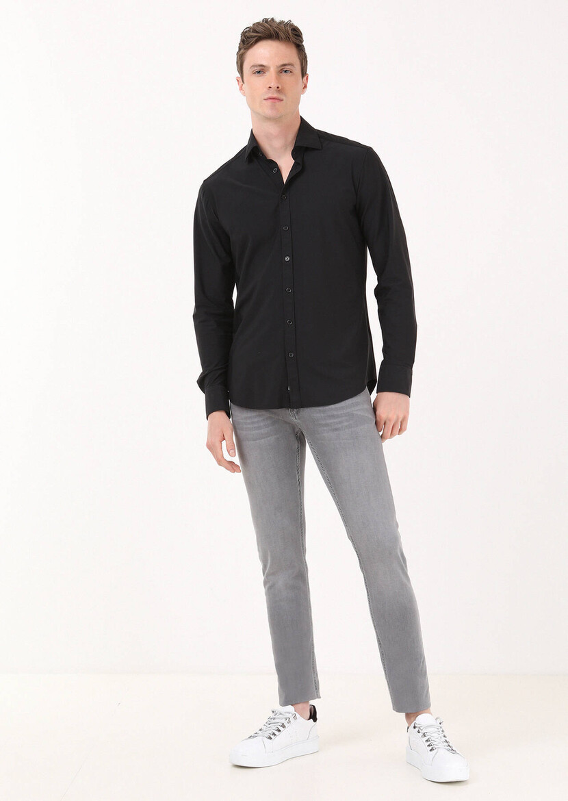 Black Plain Regular Fit Weaving Classical Shirt - 4