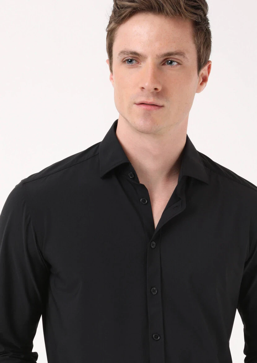 Black Plain Regular Fit Weaving Classical Shirt 