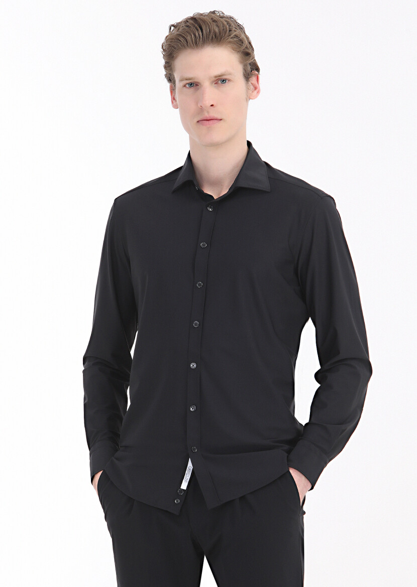 Black Plain Regular Fit Weaving Classical Shirt 