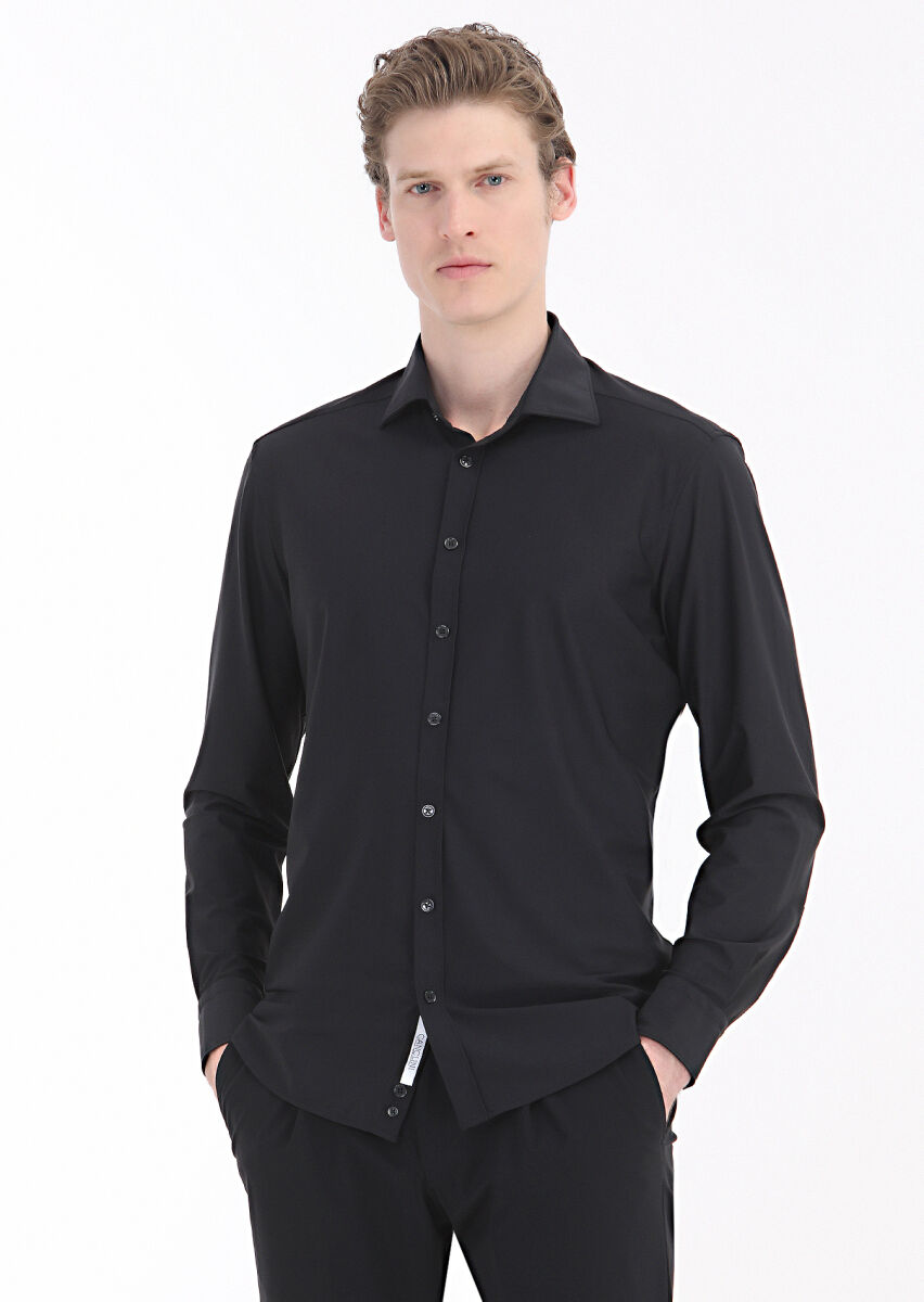 Black Plain Regular Fit Weaving Classical Shirt - 1