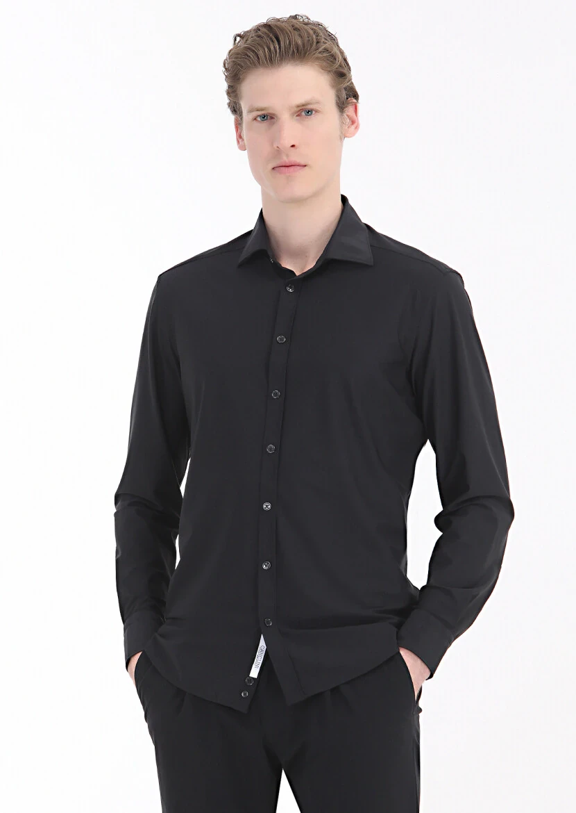 Black Plain Regular Fit Weaving Classical Shirt - RAMSEY