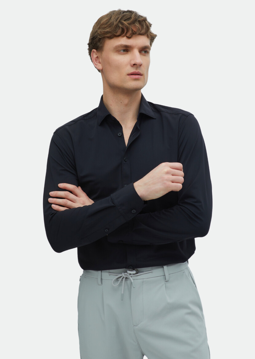 Black Plain Regular Fit Weaving Classical Shirt 